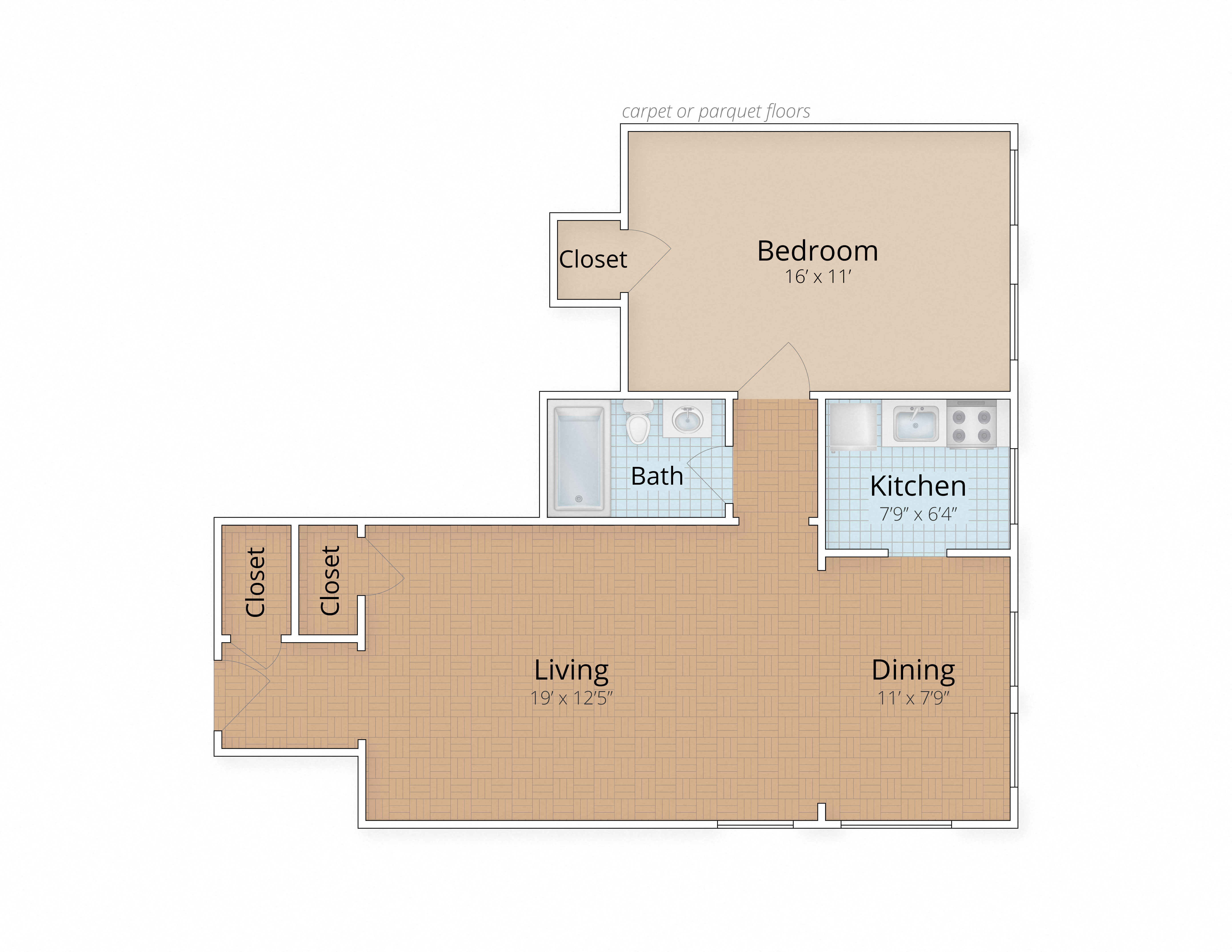 Floor plan for 1 bed, 1 bath, 744 sqft